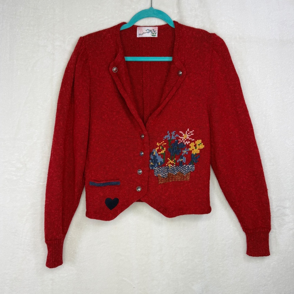 Vergissmeinnicht Cardigan Women M Red Vintage German Folk Floral Knit Sweater